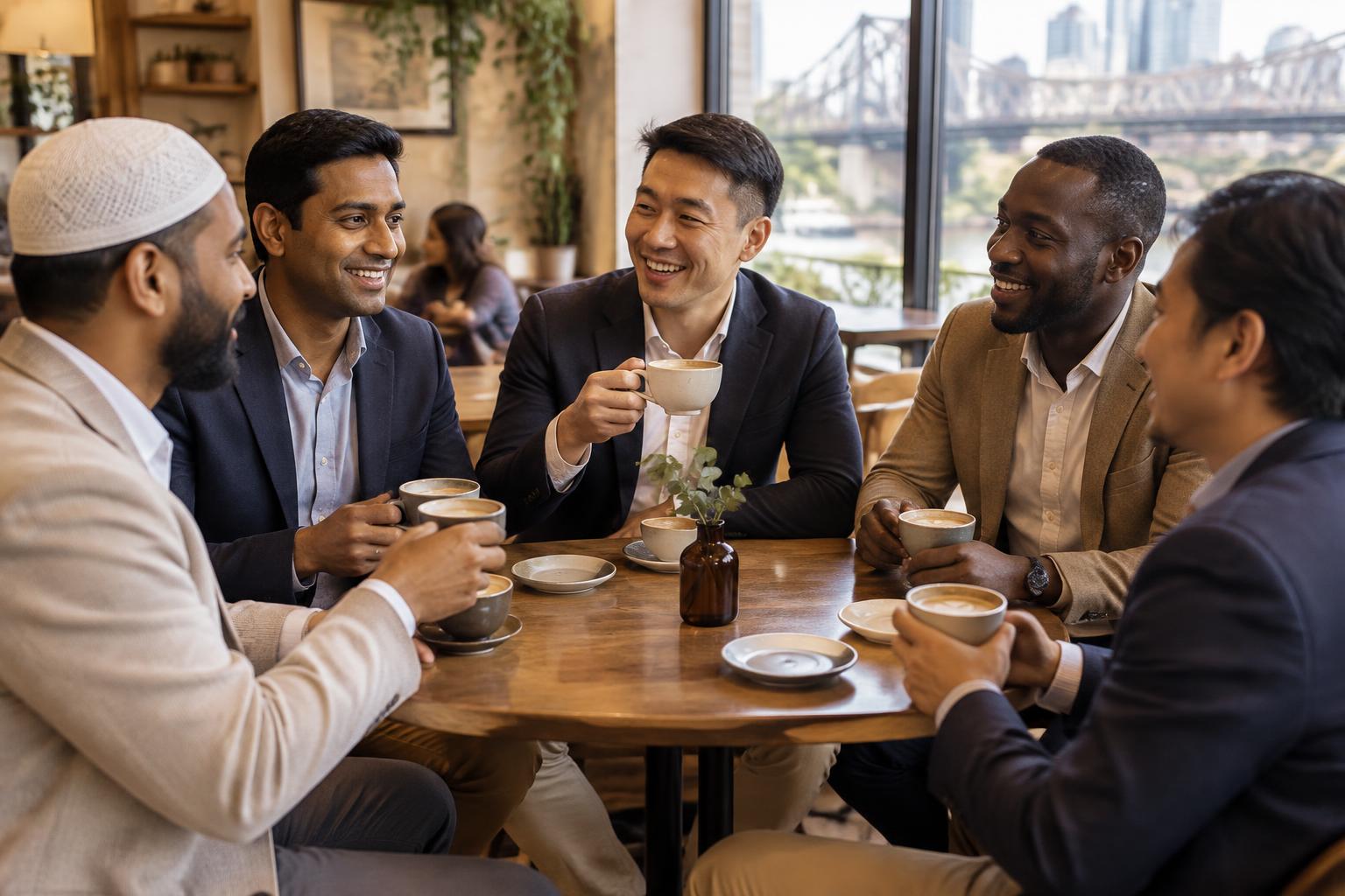 Five diverse leaders sharing coffee and conversation around a café table